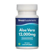 Frasco de suplemento con la etiqueta «Aloe Vera 12,000mg Simply Supplements», de color azul sobre fondo blanco.