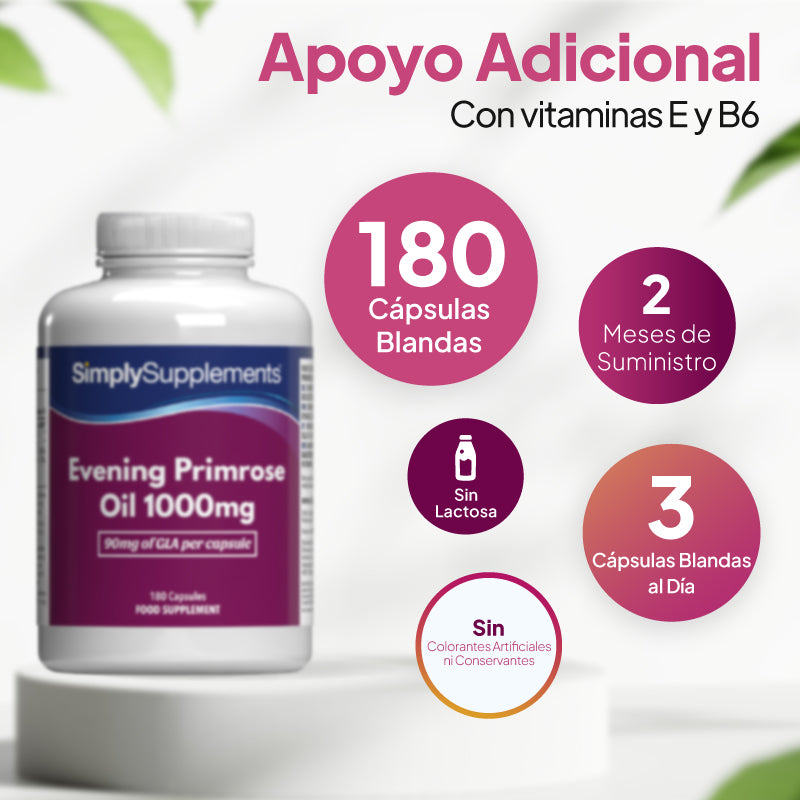 Un frasco de cápsulas de aceite de onagra de 1000 mg de SimplySupplements sobre un pedestal blanco, con texto promocional en español y leyendas circulares que indican «180 cápsulas», «suministro para 2 meses», «sin lactosa» y «sin gluten».