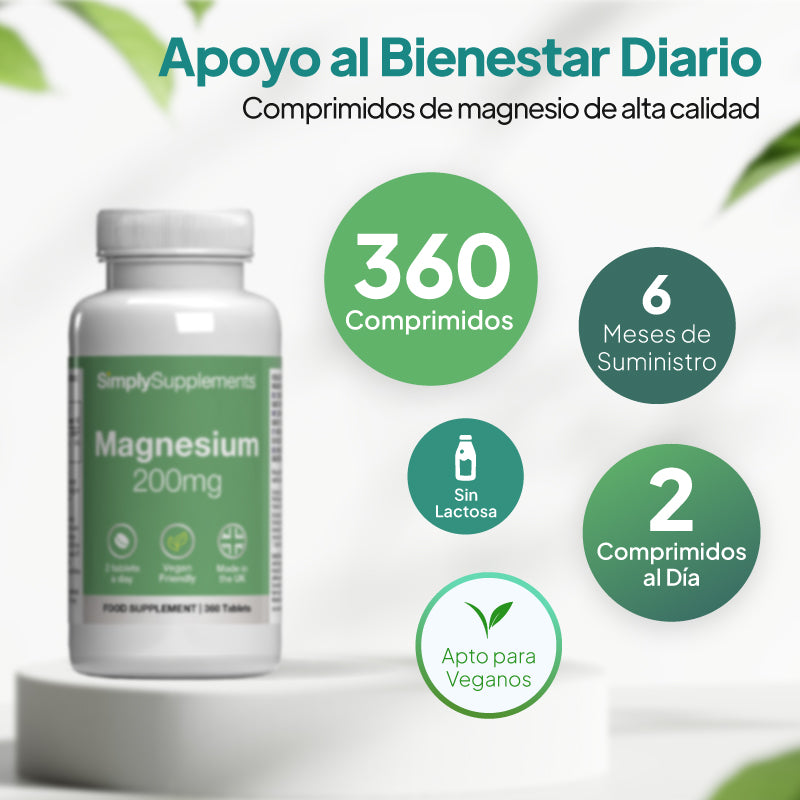 Un frasco blanco del complemento alimenticio «SimplySupplements Magnesium 200 mg» expuesto sobre un pedestal blanco, rodeado de círculos promocionales verdes con texto en español que destaca que contiene 360 comprimidos, un suministro para 6 meses, 2 comprimidos al día, sin lactosa y apto para veganos.