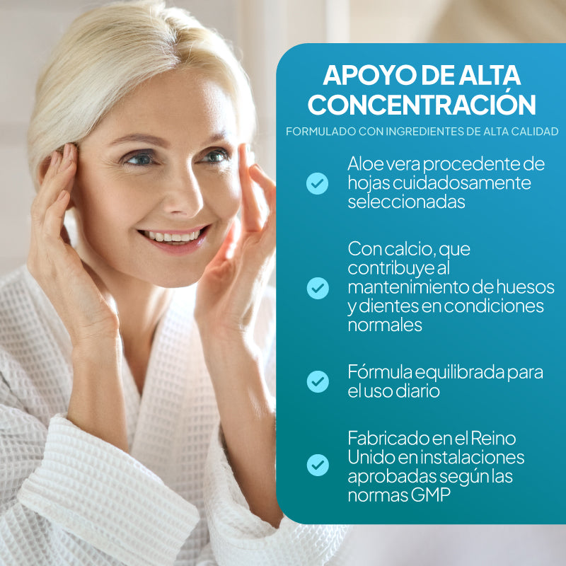 Una mujer rubia y sonriente, vestida con una bata blanca, se toca las sienes junto a un gran panel de texto de color verde azulado con un texto en español sobre el apoyo que proporciona su alta concentración y sus ingredientes, como el aloe vera y el calcio.