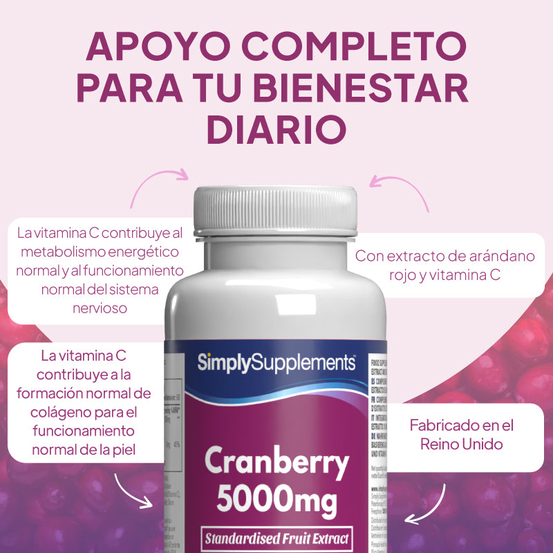Las pastillas de arándano rojo de 5.000 mg contribuyen al metabolismo energético normal y al funcionamiento del sistema nervioso.