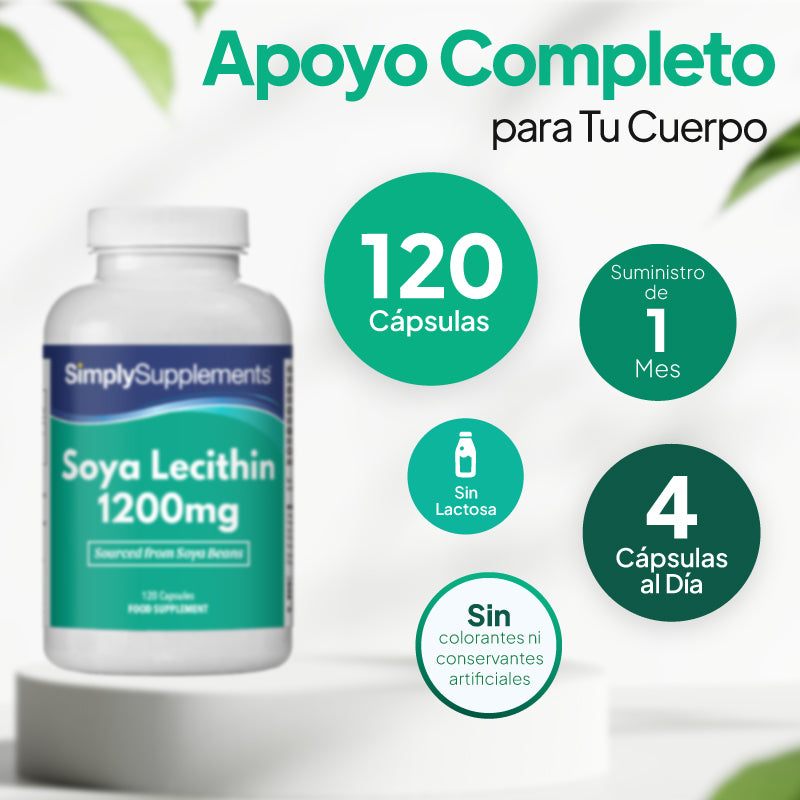 Un frasco de cápsulas de lecitina de soja de 1200 mg de SimplySupplements, suplemento alimenticio, colocado sobre un pedestal blanco con texto promocional en español y leyendas circulares que indican «120 cápsulas», «suministro para 1 mes», «sin lactosa» y «4 cápsulas al día».