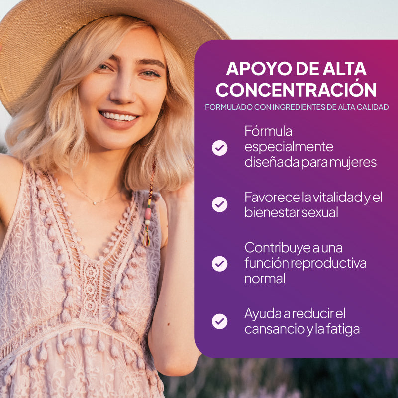 Imagen promocional de «Libido Plus Women» de Simply Supplements que destaca su alta potencia, su fórmula específica para mujeres, su contribución a la salud reproductiva y la reducción del cansancio y la fatiga.
