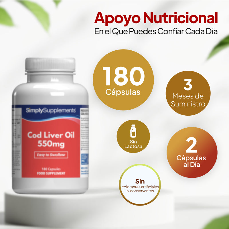 Un frasco de cápsulas de aceite de hígado de bacalao de SimplySupplements, de 550 mg, colocado sobre un pedestal blanco, con texto promocional en español y recuadros circulares que indican que contiene 180 cápsulas, un suministro para 3 meses, que no contiene lactosa y que la dosis recomendada es de 2 cápsulas al día.