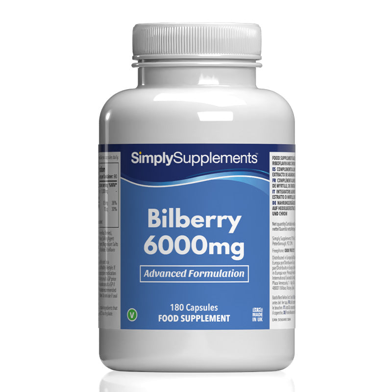 Frasco de suplemento con la etiqueta «Arándanos 6000mg Simply Supplements», de color lila sobre fondo blanco.