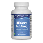 Frasco de suplemento con la etiqueta «Arándanos 6000mg Simply Supplements», de color lila sobre fondo blanco.