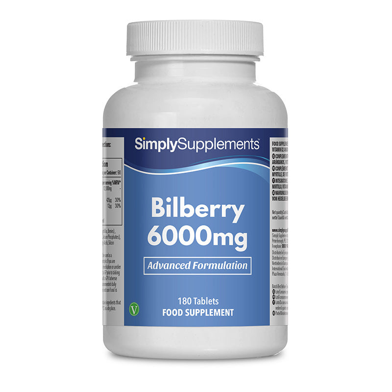 Frasco de suplemento con la etiqueta «Arándanos 6000mg Simply Supplements», de color lila sobre fondo blanco.