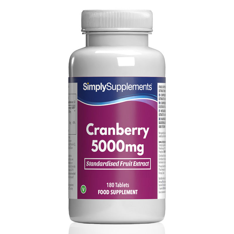 Frasco de suplemento con la etiqueta «Arándanos Rojos 5000mg Simply Supplements», de color rosa sobre fondo blanco.