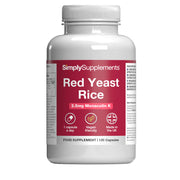 Frasco de suplemento con la etiqueta «Arroz con Levadura Roja Simply Supplements», de color rojo sobre fondo blanco.