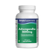 Frasco de suplemento con la etiqueta «Ashwagandha 5000mg Simply Supplements», de color verde sobre fondo blanco.