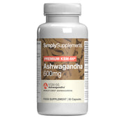 Frasco de suplemento con la etiqueta «Ashwagandha KSM-66® 600mg Simply Supplements», de color marrón sobre fondo blanco.
