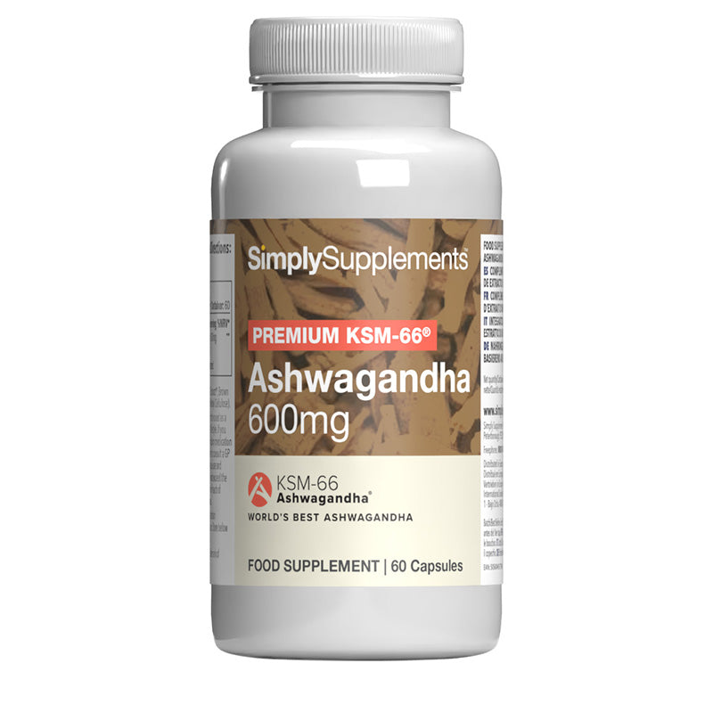 Frasco de suplemento con la etiqueta «Ashwagandha KSM-66® 600mg Simply Supplements», de color marrón sobre fondo blanco.