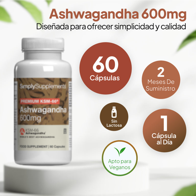 Un frasco del complemento alimenticio «Ashwagandha 600 mg» de SimplySupplements expuesto sobre un pedestal blanco, rodeado de etiquetas promocionales circulares en español en las que se destaca que contiene 60 cápsulas, un suministro para dos meses, una cápsula al día y que es apto para veganos.