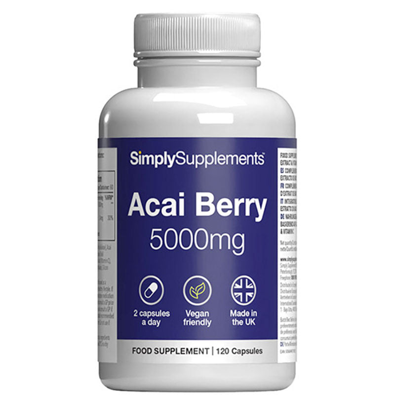 Frasco de suplemento con la etiqueta «Bayas de Acai 5000mg Simply Supplements», de color morado sobre fondo blanco.