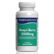Frasco de suplemento con la etiqueta «Bayas de Maqui 2000mg Simply Supplements», de color verde sobre fondo blanco.