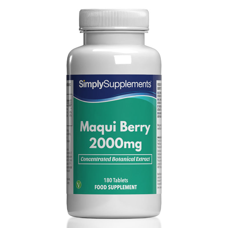 Frasco de suplemento con la etiqueta «Bayas de Maqui 2000mg Simply Supplements», de color verde sobre fondo blanco.
