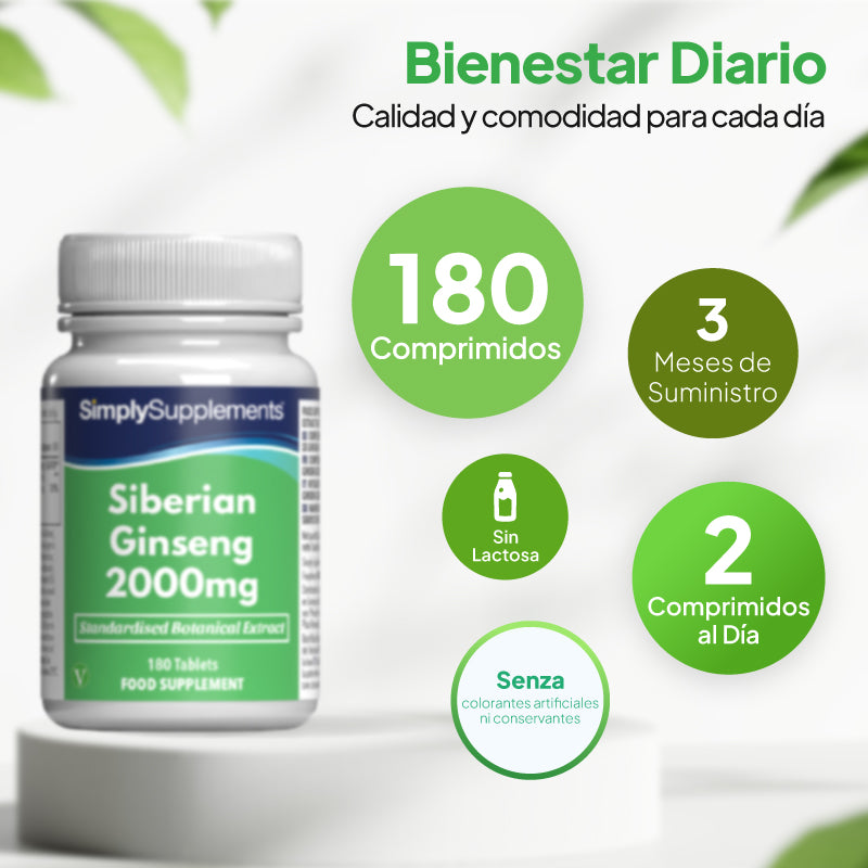 Un frasco del complemento alimenticio «SimplySupplements Ginseng siberiano 2000 mg» expuesto sobre un pedestal blanco, rodeado de bocadillos promocionales verdes en español que destacan los principales argumentos de venta: 180 comprimidos, suministro para 3 meses, 2 comprimidos al día y sin colorantes ni conservantes artificiales.