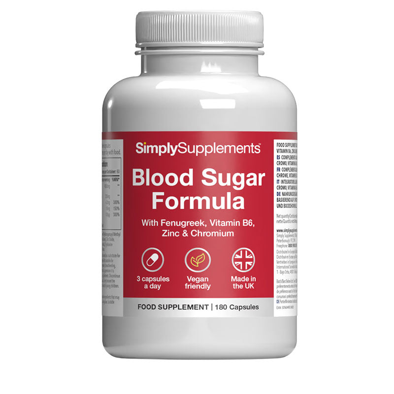 Frasco de suplemento con la etiqueta «Blood Sugar Formula Simply Supplements», de color rojo sobre fondo blanco.