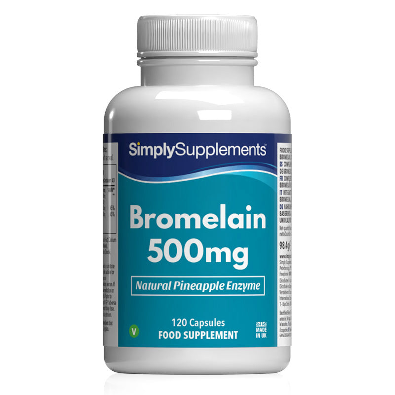 Frasco de suplemento con la etiqueta «Bromelina 500mg Simply Supplements», de color azul sobre fondo blanco.