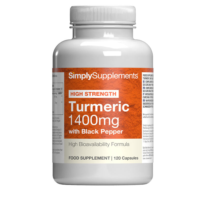 Frasco de suplemento con la etiqueta «Cúrcuma 1400mg & Pimienta negra Simply Supplements», de color naranja sobre fondo blanco.
