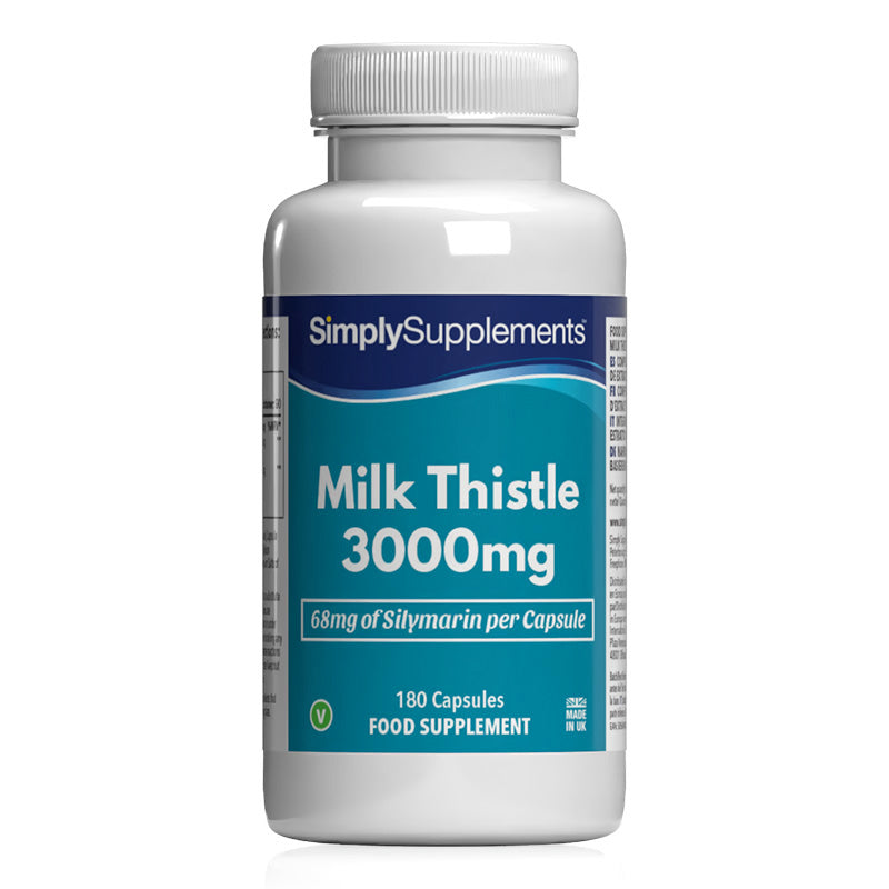 Frasco de suplemento con la etiqueta «Cardo Mariano 3000mg Simply Supplements», de color azul sobre fondo blanco.