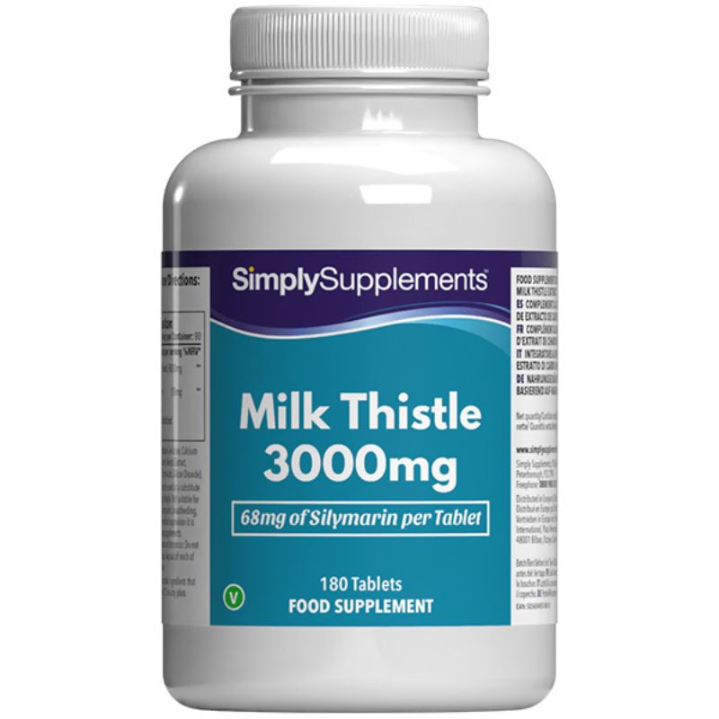 Frasco de suplemento con la etiqueta «Cardo Mariano 3000mg Simply Supplements», de color azul sobre fondo blanco.