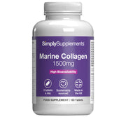 Frasco de suplemento con la etiqueta «Colágeno marino 1500mg Simply Supplements», de color morado sobre fondo blanco.