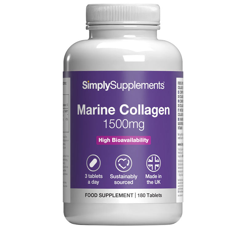 Frasco de suplemento con la etiqueta «Colágeno marino 1500mg Simply Supplements», de color morado sobre fondo blanco.