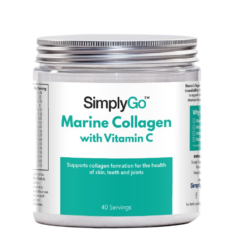 Frasco de suplemento con la etiqueta «Colágeno Marino en polvo con Vitamina C de SimplyGo Simply Supplements», de color blanco y verde sobre fondo blanco.