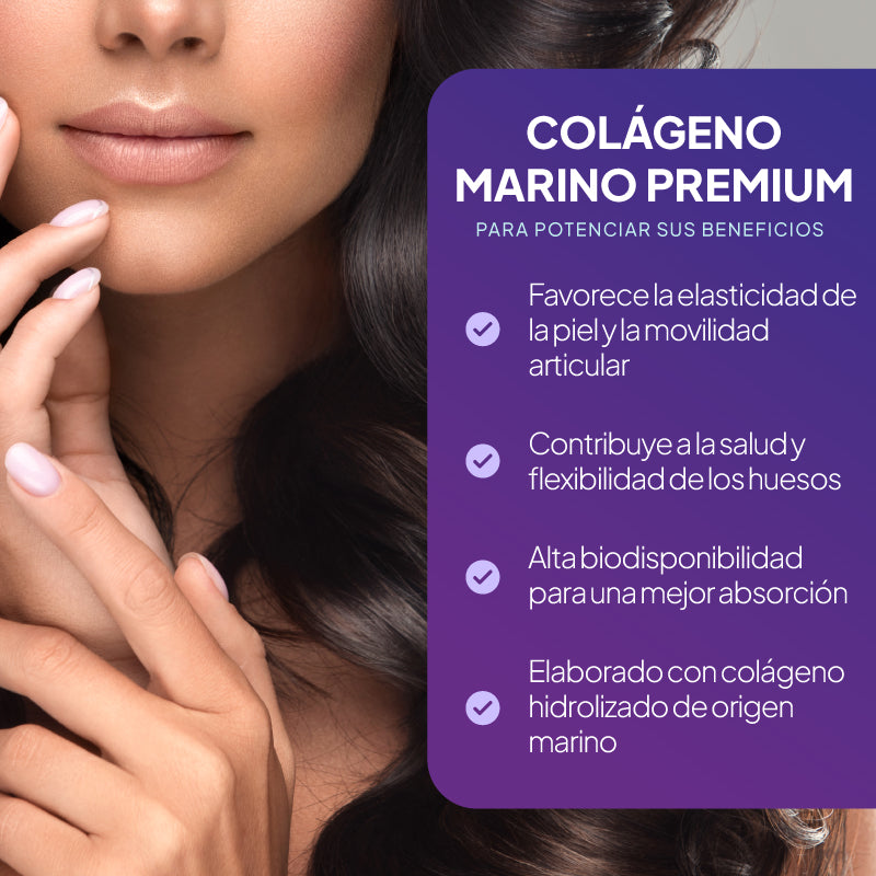 Primer plano de la parte inferior del rostro y las manos de una mujer, con un texto promocional en español en un panel morado en el que se lee «COLÁGENO MARINO PREMIUM» y se enumeran los beneficios para la elasticidad de la piel y las articulaciones.