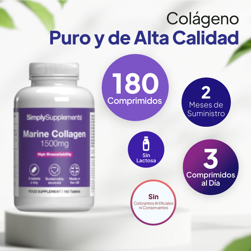 Un frasco del complemento alimenticio «SimplySupplements Marine Collagen 1500 mg» expuesto sobre un pedestal blanco, con un texto promocional y círculos morados que resaltan los principales argumentos de venta en español.