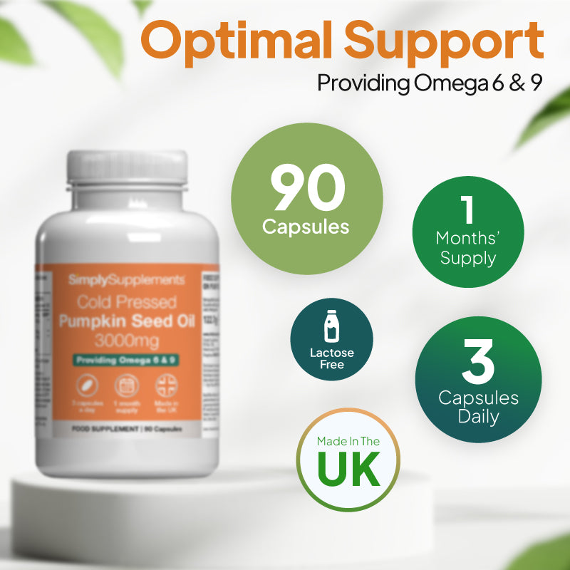 Product infographic for SimplySupplements Cold Pressed Pumpkin Seed Oil 3000mg, showing the bottle on a white pedestal against a light background with green circular callouts highlighting 90 capsules, 1 month’s supply, lactose free, 3 capsules daily, and made in the UK.