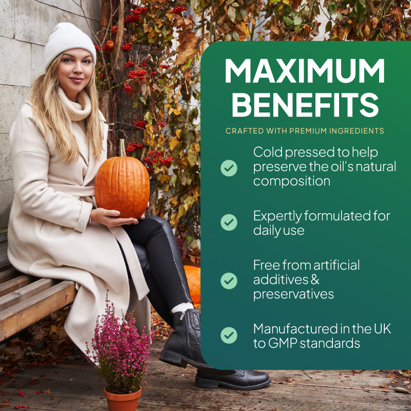 Lifestyle promotional graphic for SimplySupplements pumpkin seed oil, showing a woman in a cream coat and white knit hat holding a pumpkin outdoors beside a dark green text panel reading “Maximum Benefits,” with points highlighting cold pressing to preserve the oil’s natural composition, expert daily formulation, no artificial additives or preservatives, and manufacture in the UK to GMP standards.