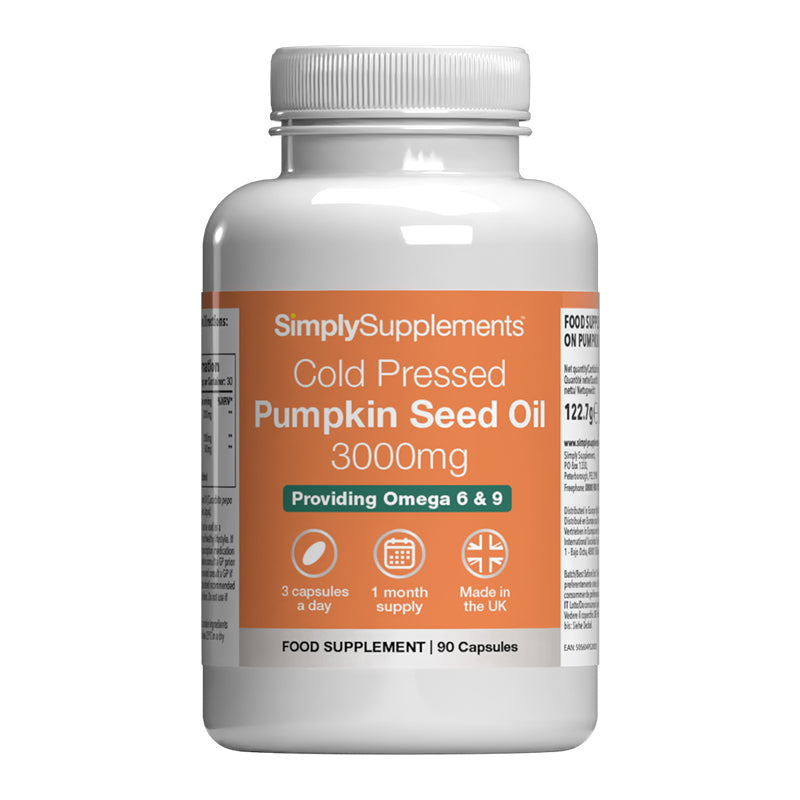 Supplement bottle labeled 'SimplySupplements Cold Pressed Pumpkin Seed Oil 3000mg' on a white background