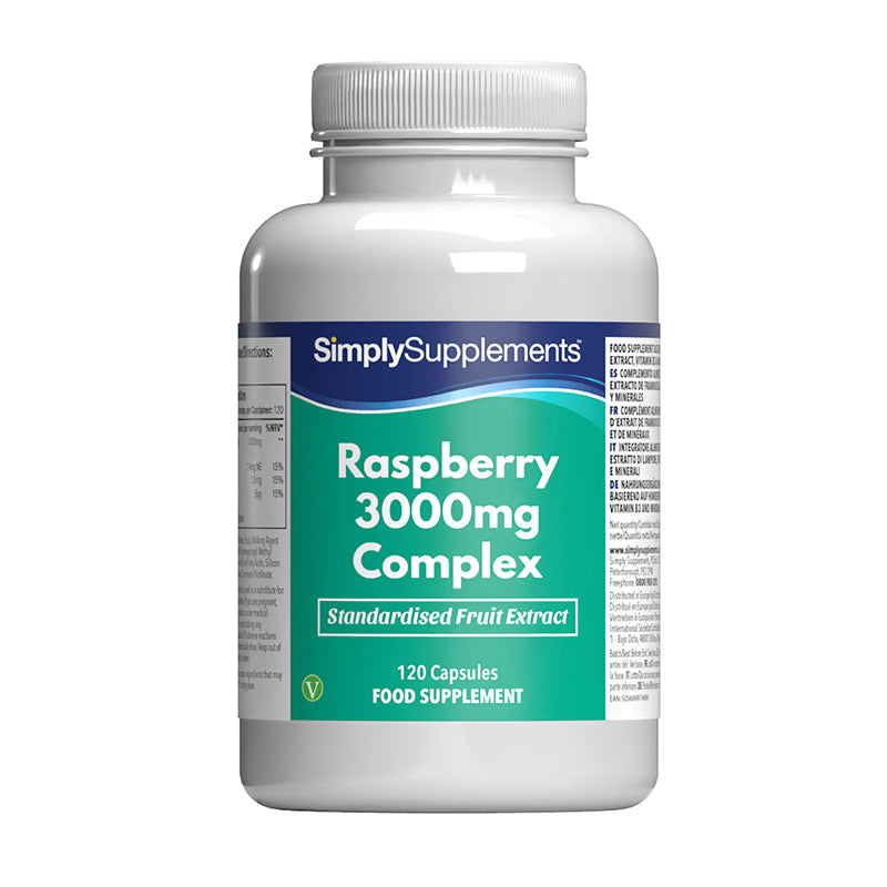 Frasco de suplemento con la etiqueta «Complejo de Frambuesa 3000mg Simply Supplements», de color verde sobre fondo blanco.