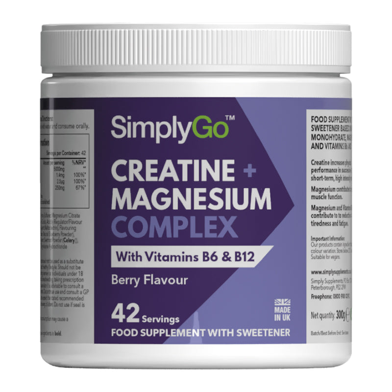 Front pack shot of SimplyGo Creatine and Magnesium Complex in a white tub with a purple label on a light grey background, highlighting creatine and magnesium complex with vitamins B6 and B12, berry flavour, 42 servings, and UK manufacture.