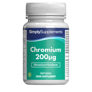 Frasco de suplemento con la etiqueta «Cromo 200mcg Simply Supplements», de color verde sobre fondo blanco.