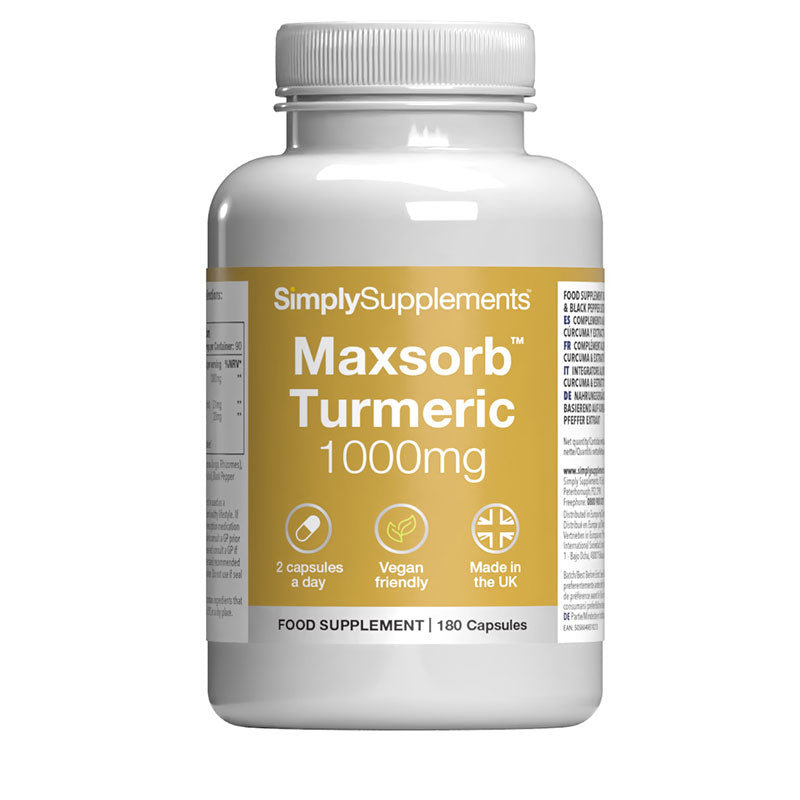 Frasco de suplemento con la etiqueta «Cúrcuma 1000Simply Supplements», de color amarillo sobre fondo blanco.