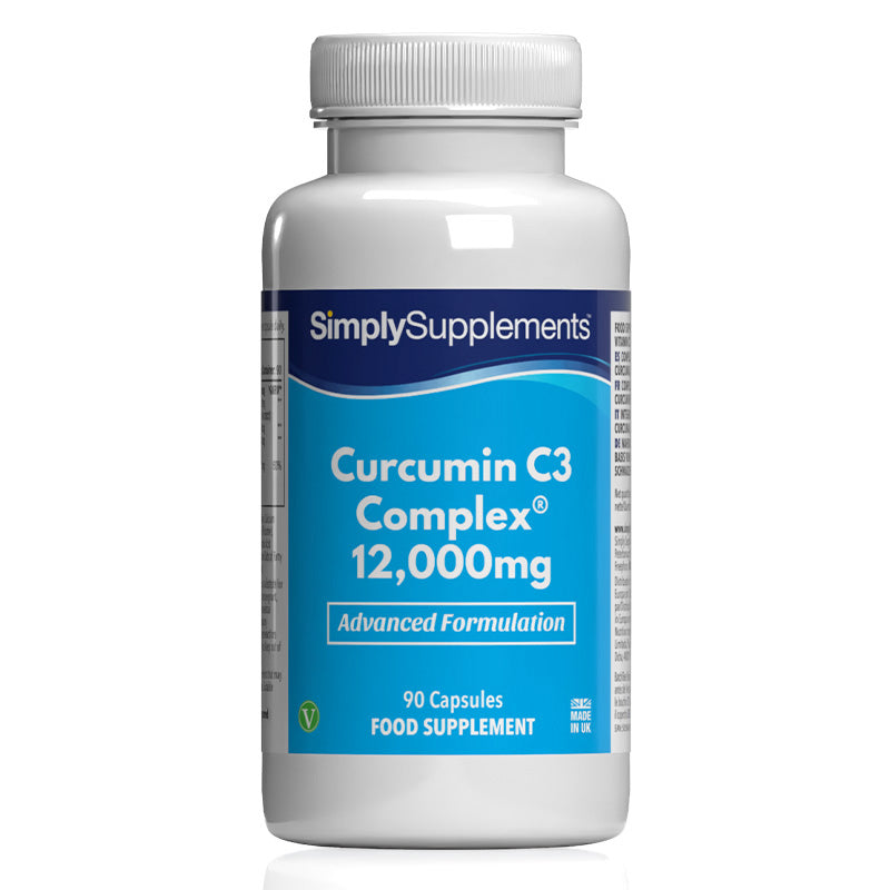 Frasco de suplemento con la etiqueta «Cúrcuma Complex 12000mg Simply Supplements», de color celeste sobre fondo blanco.