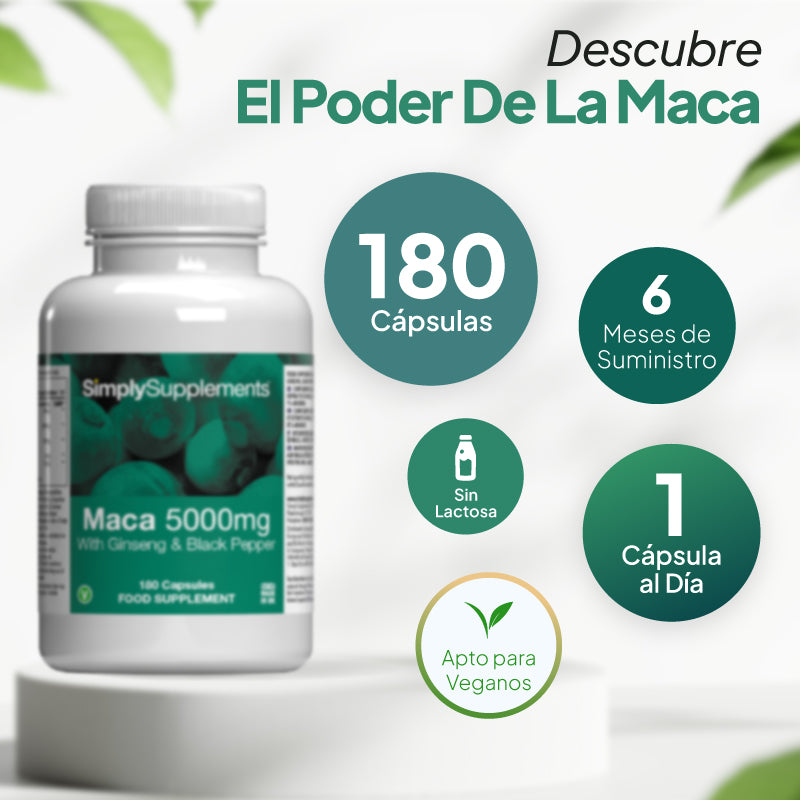 Infografía del producto «Maca 5000 mg con ginseng y pimienta negra» de Simply Supplements, en la que se muestra el frasco del complemento junto a un diseño circular con polvo de maca, con un texto que reza «Descubre el poder de la maca» y en el que se destacan los 180 comprimidos, el suministro de hasta 6 meses, la toma de 1 comprimido al día, su idoneidad para veganos y vegetarianos, y que no contiene colorantes ni conservantes artificiales.
