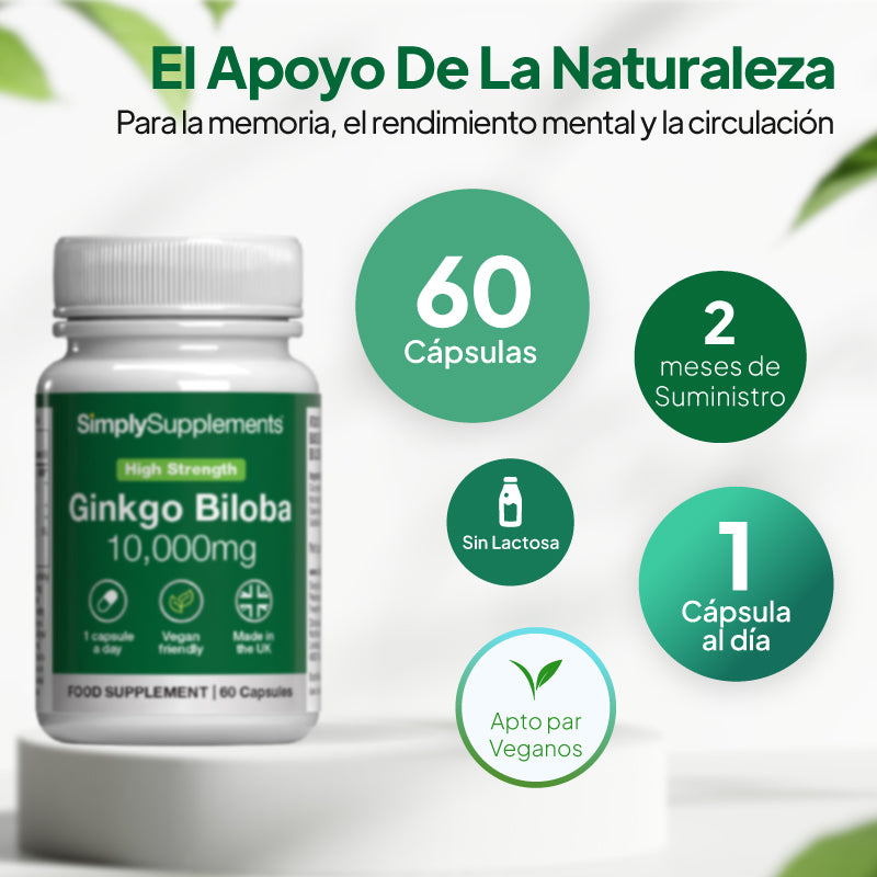 Imagen del suplemento de ginkgo biloba de Simply Supplements en la que se indican 60 cápsulas, suministro para 2 meses, 1 cápsula al día, fórmula sin lactosa y apta para veganos.