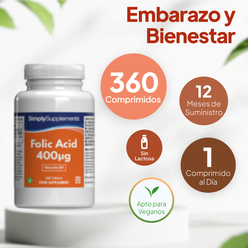 Un frasco de suplementos dietéticos «Ácido fólico 400¹g» de SimplySupplements sobre un pedestal blanco, rodeado de círculos con texto promocional en español que destacan la cantidad, la duración, que no contiene lactosa y que es apto para veganos.