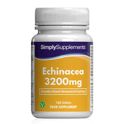 Frasco de suplemento con la etiqueta «Equinácea 3200mg Simply Supplements», de color amarillo sobre fondo blanco.