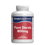 Frasco de suplemento con la etiqueta «Esteroles Vegetales 800mg Simply Supplements», de color rojo sobre fondo blanco.