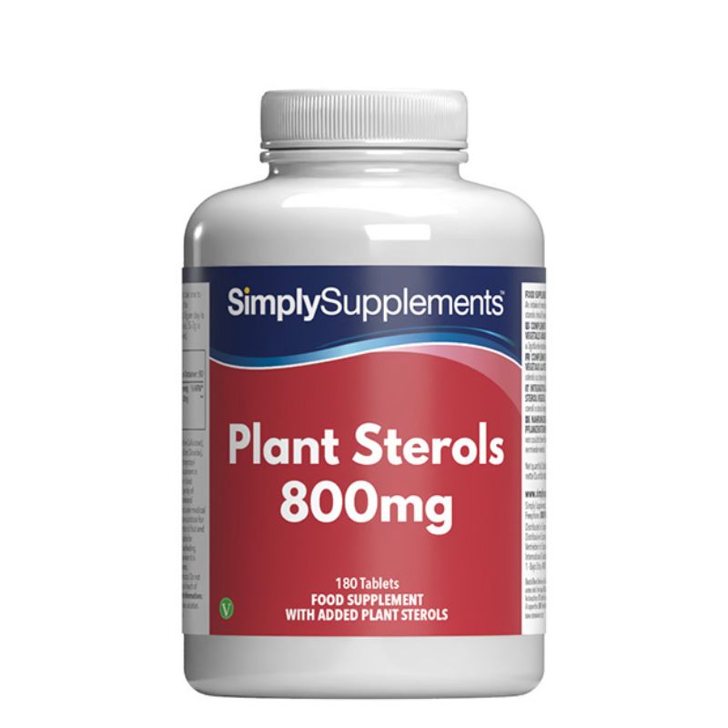 Frasco de suplemento con la etiqueta «Esteroles Vegetales 800mg Simply Supplements», de color rojo sobre fondo blanco.