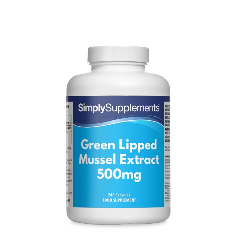 Frasco de suplemento con la etiqueta «Extracto de Mejillón de Labio Verde 500mg Simply Supplements», de color celeste  sobre fondo blanco.