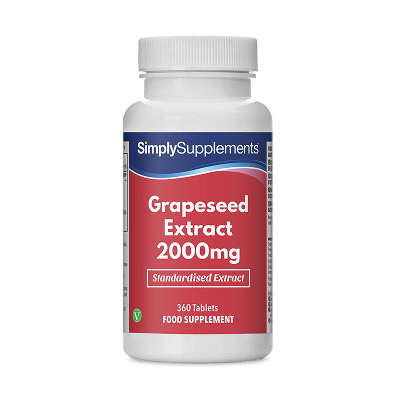 Frasco de suplemento con la etiqueta «Extracto de Semillas de Uva 2000mgSimply Supplements», de color rojo sobre fondo blanco.