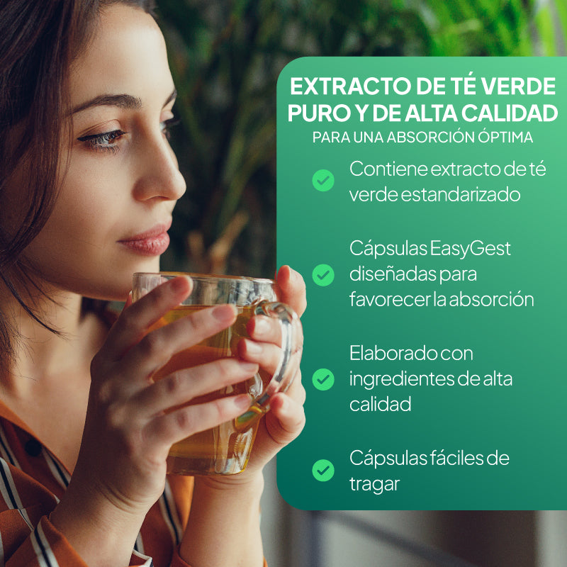 El té verde de Simply Supplements contiene extracto de té verde estandarizado en una cápsula EasyGest, para una mejor absorción.