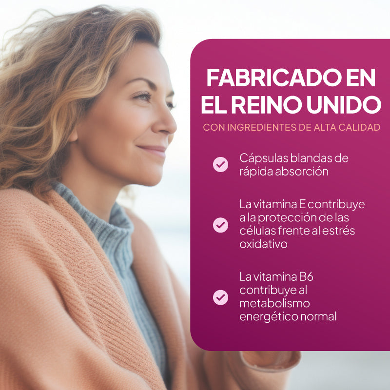 Un gráfico promocional en el que aparece una mujer de perfil con un cárdigan beige sobre un jersey gris, junto a un gran recuadro de texto en color magenta, en español, sobre los beneficios del suplemento y su fabricación.