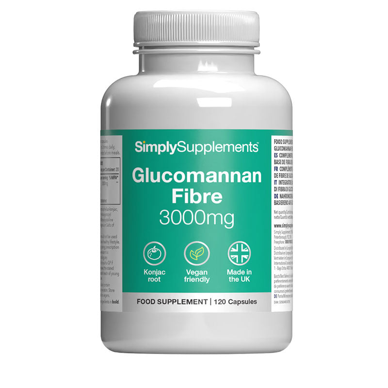 Frasco de suplemento con la etiqueta «Fibra Glucomanano 3000mg Simply Supplements», de color verde sobre fondo blanco.